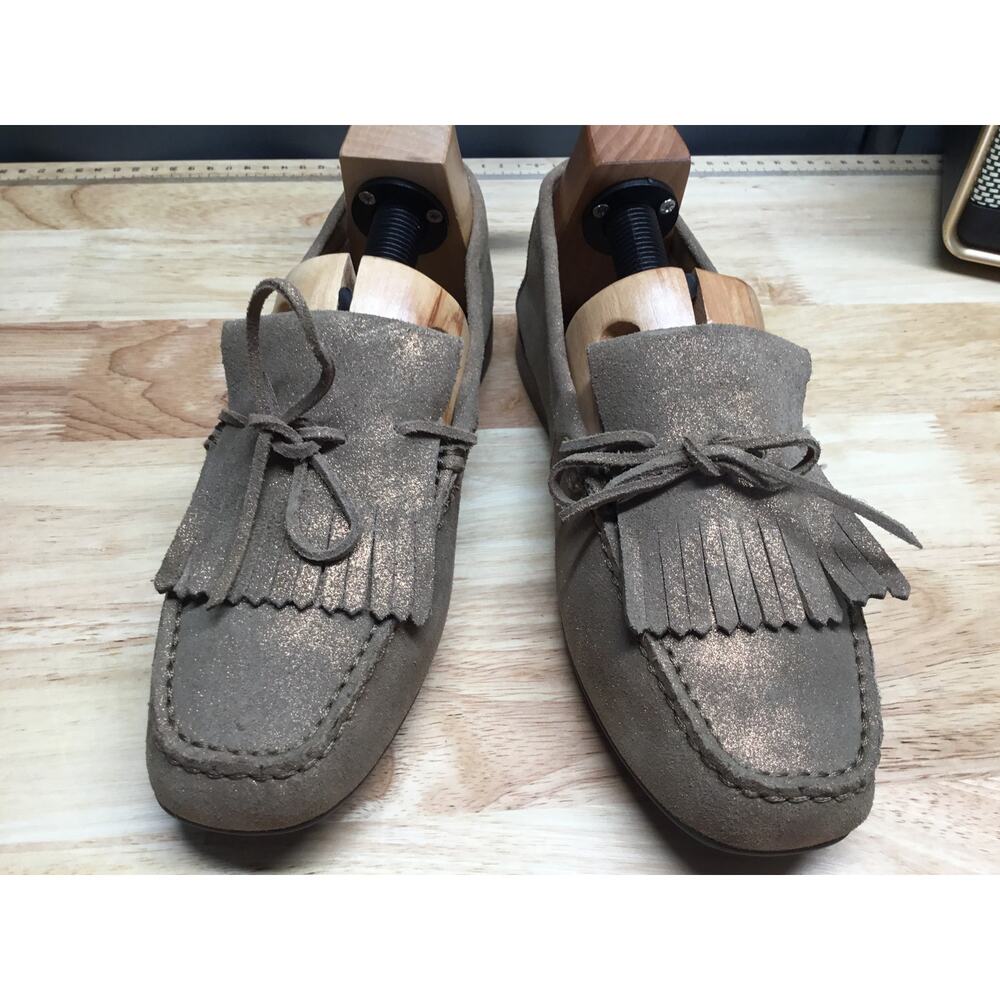 Donald Pliner Breezy Loafers Women's 8 Gold Metallic Suede Fringe Bow Moccasin